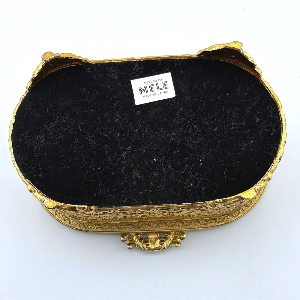 Vintage Mele Gold Filigree Casket Jewelry Box‎ Beveled Glass Japan